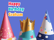 Happy Birthday Graham GIF: Animated happy birthday gif with showing 3 party hats and confetti bursting over them.