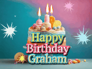 Happy Birthday Graham GIF: A colorful animated Happy Birthday Cake GIF with swirling sparkles and flickering candles. It reads Happy Birthday Name
