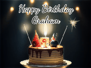 Happy Birthday Graham GIF: Animated birthday cake gif with sparklers on a dark background. Personalize up to 3 lines of text.