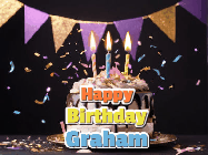 Happy Birthday Graham GIF: Happy birthday cake animated gif with flickering candles, animated text, and falling confetti. Customize text reading Happy Birthday Customize.