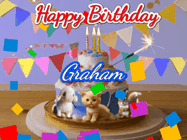 Happy Birthday Graham GIF: Happy Birthday Cake GIF with a cat, lamb, and squirrel on the cake with flickering candles, a sparkler, and falling confetti. Reads Happy Birthday Name and you can customize the name