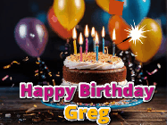 Happy Birthday Greg GIF: A birthday cake with flickering candles gif with text reading Happy Birthday and a Name slot to customize