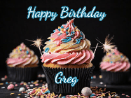 Happy Birthday Greg GIF: A delicious cupcake gif with animated sparkles reading Happy Birthday with a name to customize