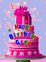 Happy Birthday Greg GIF: A big beautiful birthday cake gif with falling confetti, sparklers, and balloons, reads Happy Birthday Name. Customize it.