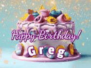 Happy Birthday Greg GIF: A beautiful birthday cake gif with animated sparkles and glitter Happy Birthday Name you can customize