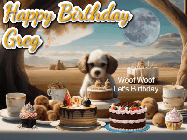 Happy Birthday Greg GIF: Animated birthday gif with a dog at a fancy birthday table loaded with cakes as hearts appear. It reads Happy Birthday Customize.