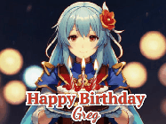 Happy Birthday Greg GIF: Anime girl holding a birthday cake and an animated sword falls into it. Text reads Happy Birthday Customize