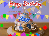 Happy Birthday Greg GIF: Happy Birthday Cake GIF with a cat, lamb, and squirrel on the cake with flickering candles, a sparkler, and falling confetti. Reads Happy Birthday Name and you can customize the name