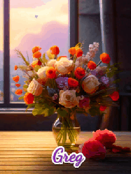 Happy Birthday Greg GIF: A vase of flowers and animated hearts pop in and out as the words Happy Birthday Name appears that you can customize