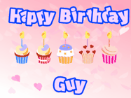 Happy Birthday Guy GIF: Pink animated birthday gif with 5 cupcakes and candles and animated text you can customize with name.