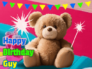 Happy Birthday Guy GIF: A cute birthday teddy bear animated birthday gif with the bear holding sparklers and text to customize.