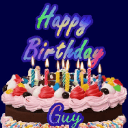 Happy Birthday Guy GIF: A dark blue birthday gif with a beautiful cake with flickering candles, background sparkles and a name to customize.