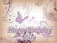 Happy Birthday Guy GIF: Classical birthday gif background with colorful musical notes floating past and a name you can customize, reads Happy Birthday.