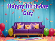 Happy Birthday Guy GIF: Animated gif happy birthday with 3 rings of fireworks in front of a party room sofa. Customize it.