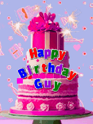 Happy Birthday Guy GIF: A big beautiful birthday cake gif with falling confetti, sparklers, and balloons, reads Happy Birthday Name. Customize it.