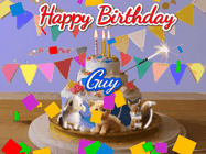 Happy Birthday Guy GIF: Happy Birthday Cake GIF with a cat, lamb, and squirrel on the cake with flickering candles, a sparkler, and falling confetti. Reads Happy Birthday Name and you can customize the name
