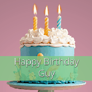 Happy Birthday Guy GIF: Sparkles fly over a birthday cake that has 3 flickering candles, text in a colored band read Happy Birthday Name.