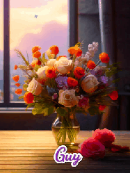 Happy Birthday Guy GIF: A vase of flowers and animated hearts pop in and out as the words Happy Birthday Name appears that you can customize