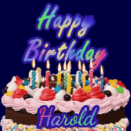 Happy Birthday Harold GIF: A dark blue birthday gif with a beautiful cake with flickering candles, background sparkles and a name to customize.