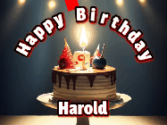 Happy Birthday Harold GIF: Animated happy birthday gif with a cake and flickering candles with colorful falling confetti and text reading Happy Birthday