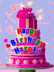 Happy Birthday Harold GIF: A big beautiful birthday cake gif with falling confetti, sparklers, and balloons, reads Happy Birthday Name. Customize it.