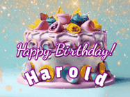 Happy Birthday Harold GIF: A beautiful birthday cake gif with animated sparkles and glitter Happy Birthday Name you can customize
