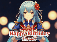 Happy Birthday Harold GIF: Anime girl holding a birthday cake and an animated sword falls into it. Text reads Happy Birthday Customize