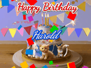 Happy Birthday Harold GIF: Happy Birthday Cake GIF with a cat, lamb, and squirrel on the cake with flickering candles, a sparkler, and falling confetti. Reads Happy Birthday Name and you can customize the name
