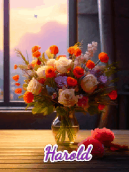 Happy Birthday Harold GIF: A vase of flowers and animated hearts pop in and out as the words Happy Birthday Name appears that you can customize