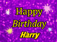 Happy Birthday Harry GIF: Happy Birthday GIF of purple glitter, colorful sparkles, and 3 lines of text to customize.