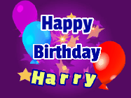 Happy Birthday Harry GIF: A lovely purple birthday gif animated with moving text, a balloon, and bubbles. Customize it.