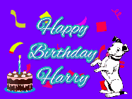 Happy Birthday Harry GIF: Silly happy birthday gif with a cute dog in a corner and rainbow animation confetti. Birthday cake in order with candle.