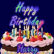 Happy Birthday Harry GIF: A dark blue birthday gif with a beautiful cake with flickering candles, background sparkles and a name to customize.