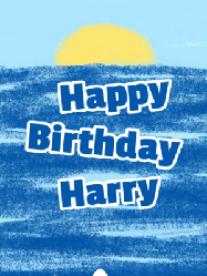 Happy Birthday Harry GIF: Happy birthday sharkt gif where he pops from the water and waves hello under a crayon sky. Customize 3 lines of text