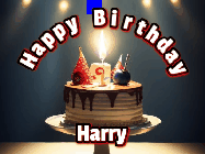 Happy Birthday Harry GIF: Animated happy birthday gif with a cake and flickering candles with colorful falling confetti and text reading Happy Birthday