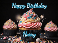 Happy Birthday Harry GIF: A delicious cupcake gif with animated sparkles reading Happy Birthday with a name to customize