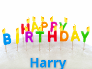 Happy Birthday Harry GIF: Birthday Candles animated gif with star confetti and lettered birthday candles and a name to customize.