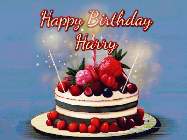 Happy Birthday Harry GIF: Animated GIF of a birthday cake covered in berries with 2 sparklers and a candle, reads Happy Birthday Name. Customize it.