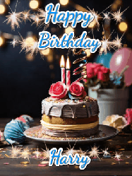 Happy Birthday Harry GIF: Sparkles and glitter happy birthday gif with a cake and flickering candles and sparklers behind the words happy birthday customize