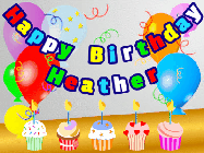 Happy Birthday Heather GIF: Animated happy birthday gif with a party balloon background, a row of cupcakes, and birthday banner to customize.
