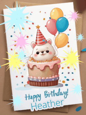 Fun and whimsical Happy Birthday Heather animated GIF with sparkling effects