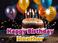 Happy Birthday Heather GIF: A birthday cake with flickering candles gif with text reading Happy Birthday and a Name slot to customize