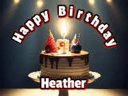 Happy Birthday Heather GIF: Animated happy birthday gif with a cake and flickering candles with colorful falling confetti and text reading Happy Birthday
