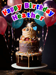 Happy Birthday Heather GIF: Beautiful birthday cake animated gif, a celebration of balloons, confetti, and sparklers. Customize banner and name.