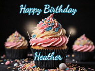 Happy Birthday Heather GIF: A delicious cupcake gif with animated sparkles reading Happy Birthday with a name to customize