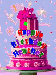Happy Birthday Heather GIF: A big beautiful birthday cake gif with falling confetti, sparklers, and balloons, reads Happy Birthday Name. Customize it.