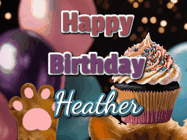 Happy Birthday Heather GIF: Cute Kitten Birthday Cupcake GIF with a cupcake raised by a cats head, then it pulls down text reading Happy Birthday Name