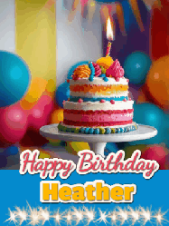 Happy Birthday Heather GIF: A birthday card gif with a cake and candle and a blue ribbon with animated sparklers. Reads Happy Birthday Name