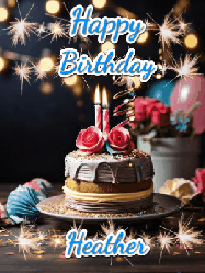 Happy Birthday Heather GIF: Sparkles and glitter happy birthday gif with a cake and flickering candles and sparklers behind the words happy birthday customize