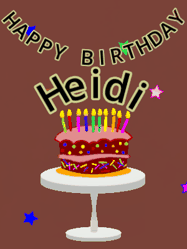 Happy Birthday Heidi GIF: Animated birthday gif of a chocolate cartoon cake and stars. Animated text can be customized with name.